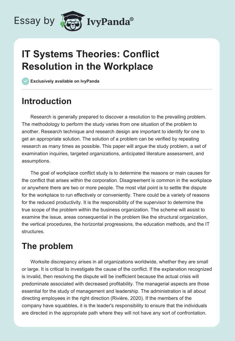 IT Systems Theories: Conflict Resolution in the Workplace. Page 1