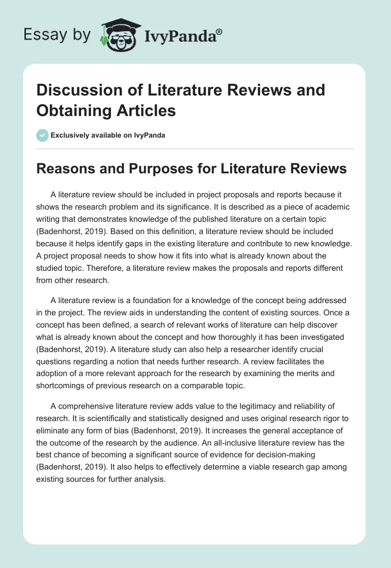 Discussion of Literature Reviews and Obtaining Articles. Page 1