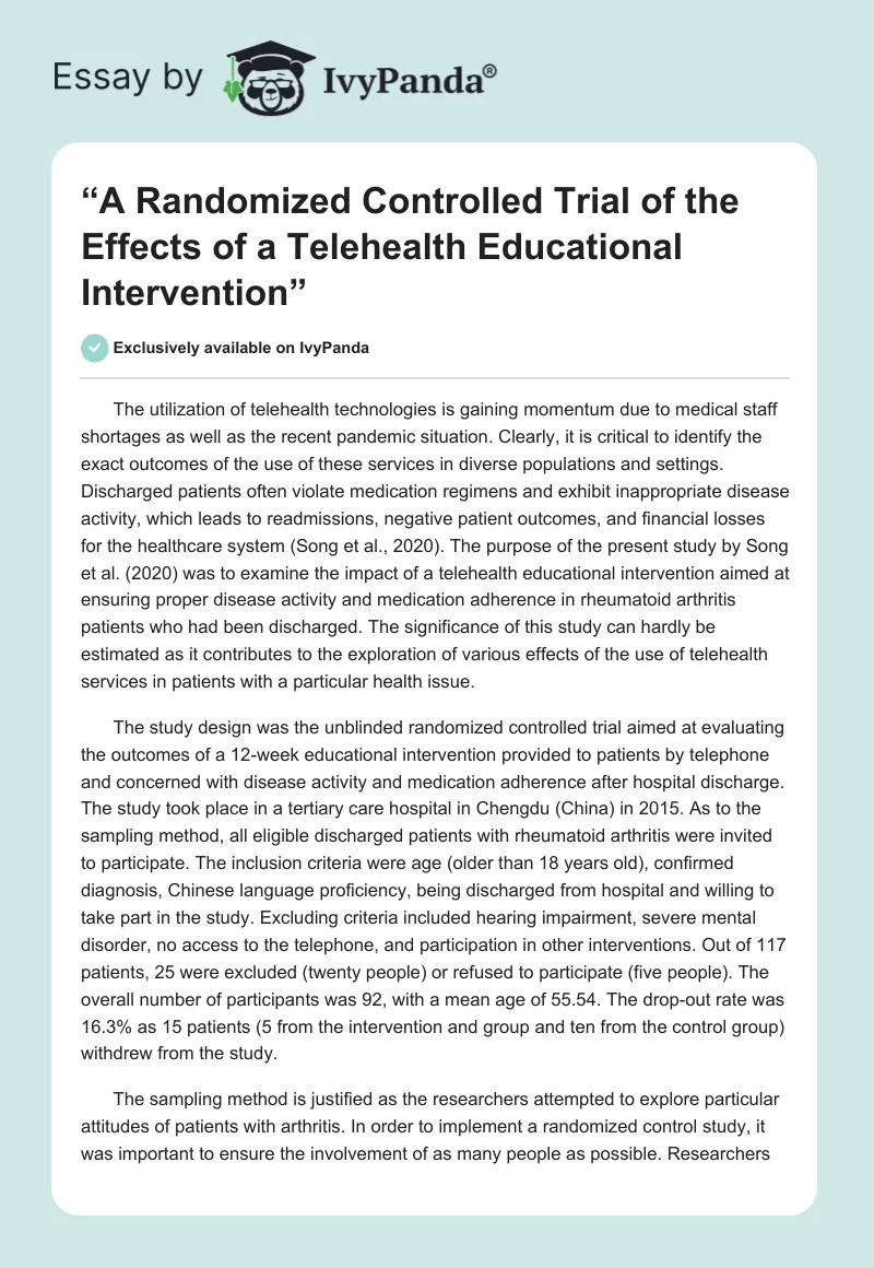 “A Randomized Controlled Trial of the Effects of a Telehealth Educational Intervention”. Page 1