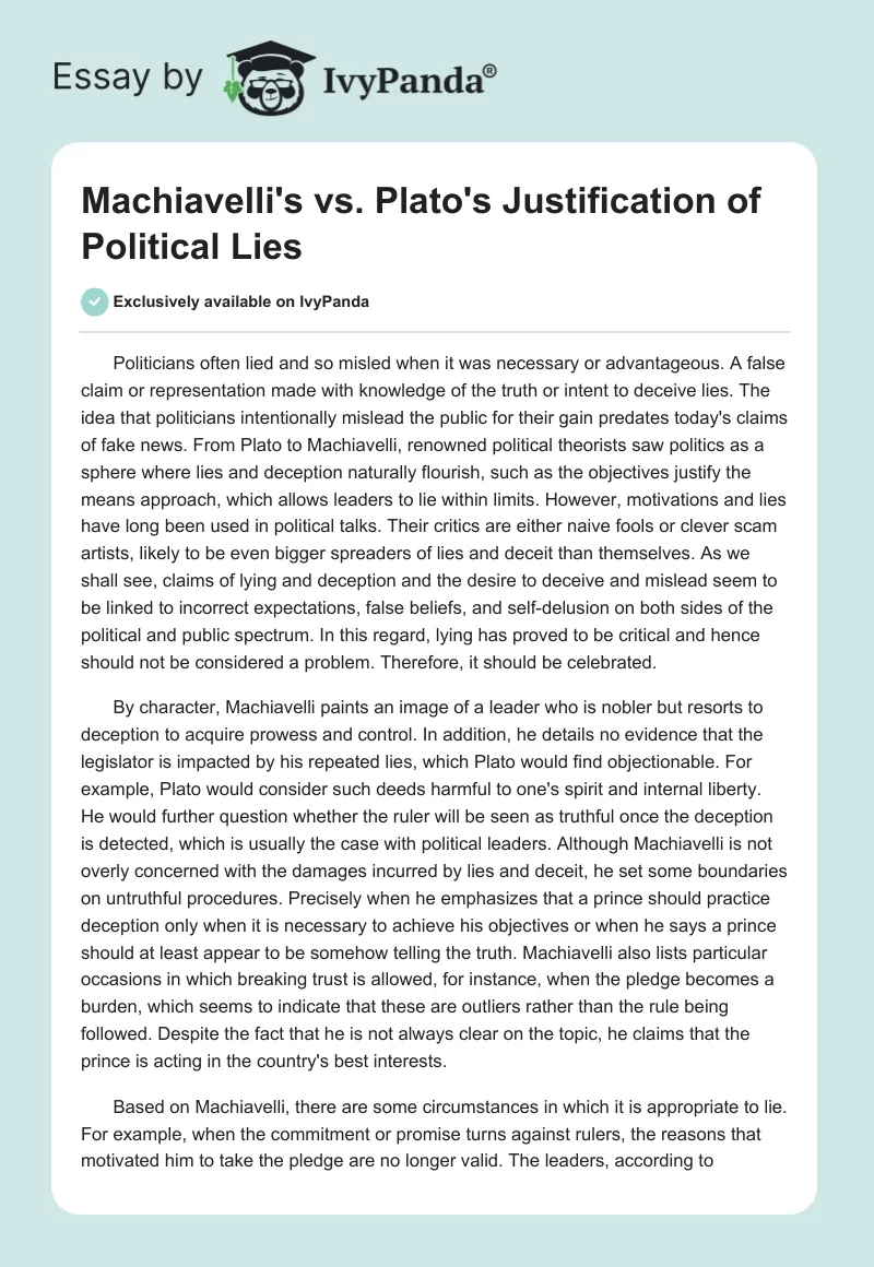 Machiavelli's vs. Plato's Justification of Political Lies. Page 1