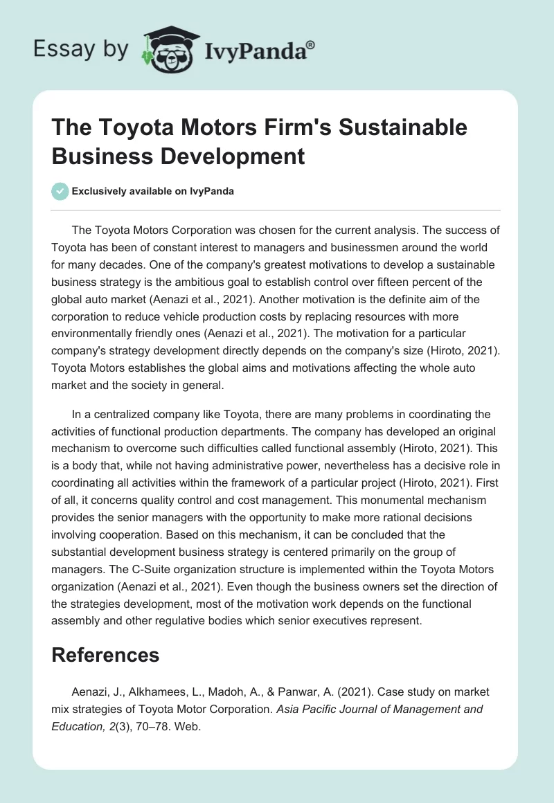The Toyota Motors Firm's Sustainable Business Development. Page 1
