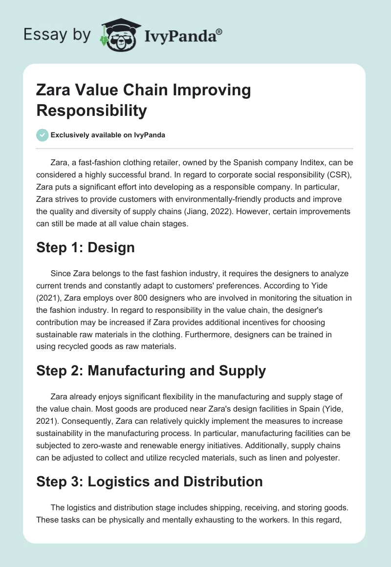Zara Value Chain Improving Responsibility. Page 1