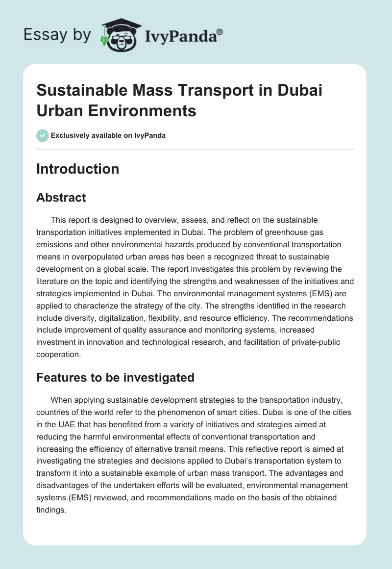 Sustainable Mass Transport in Dubai Urban Environments. Page 1
