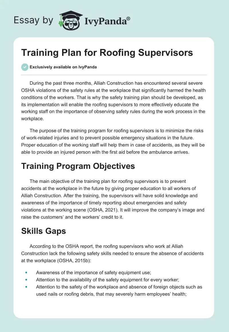Training Plan for Roofing Supervisors. Page 1