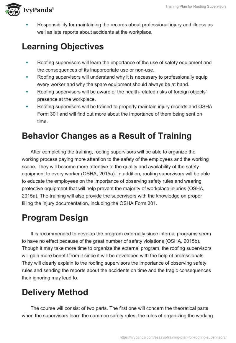 Training Plan for Roofing Supervisors. Page 2