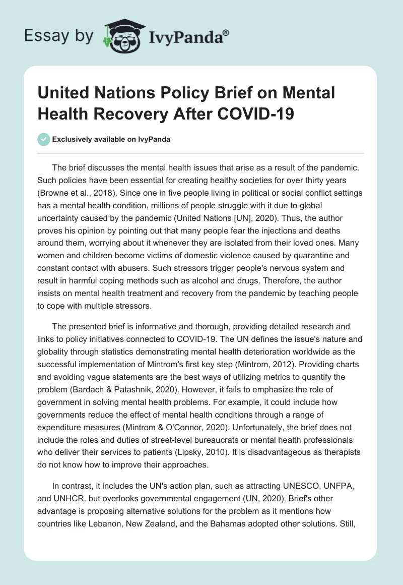 United Nations Policy Brief on Mental Health Recovery After COVID-19. Page 1