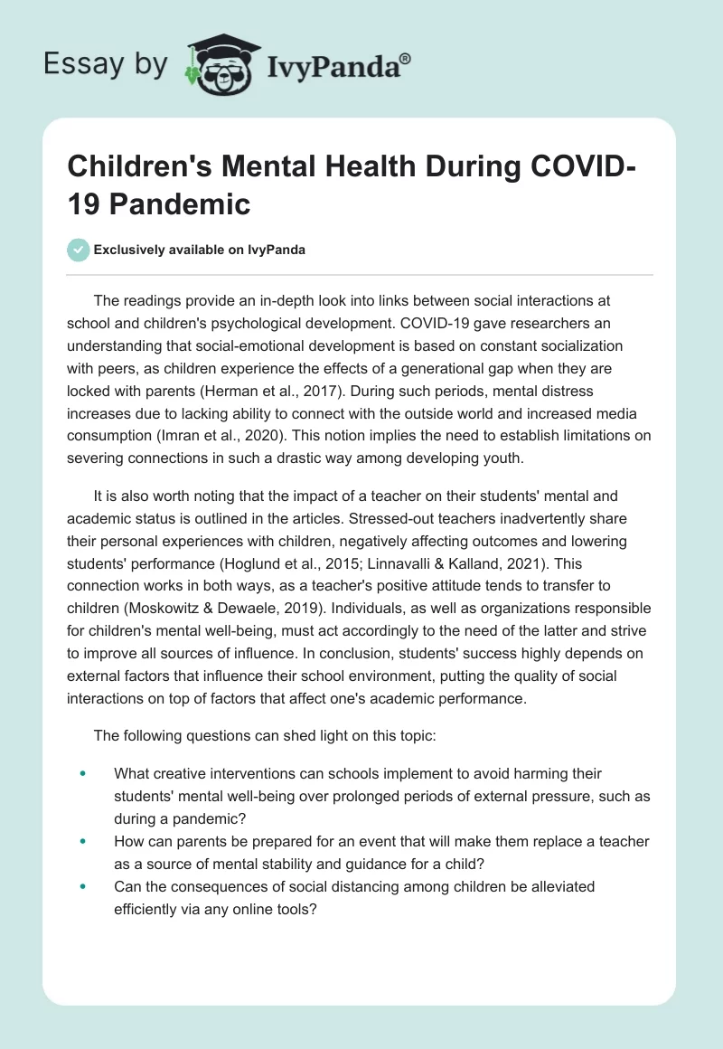 Children's Mental Health During COVID-19 Pandemic. Page 1