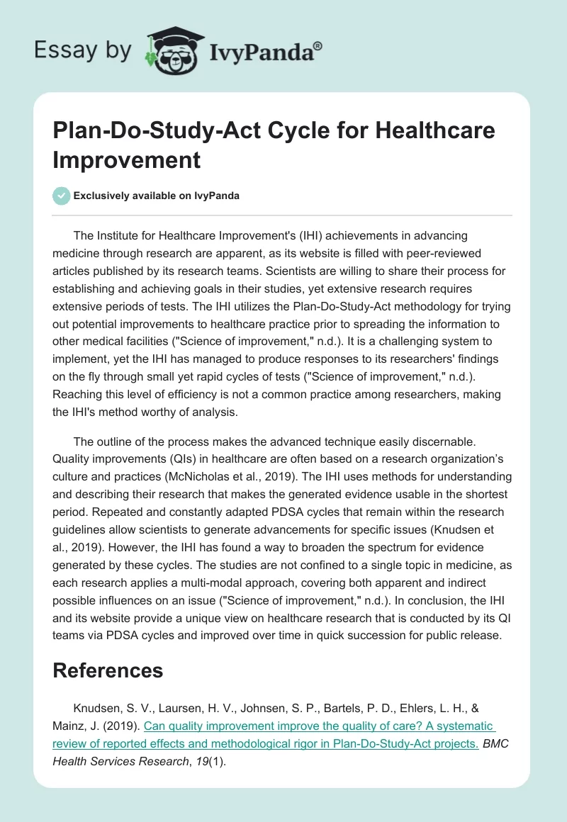 Plan-Do-Study-Act Cycle for Healthcare Improvement. Page 1