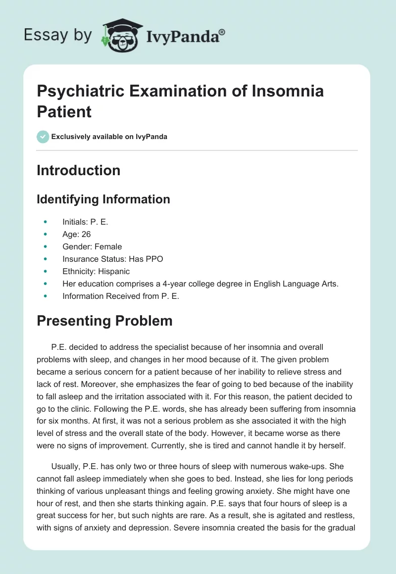 Psychiatric Examination of Insomnia Patient. Page 1