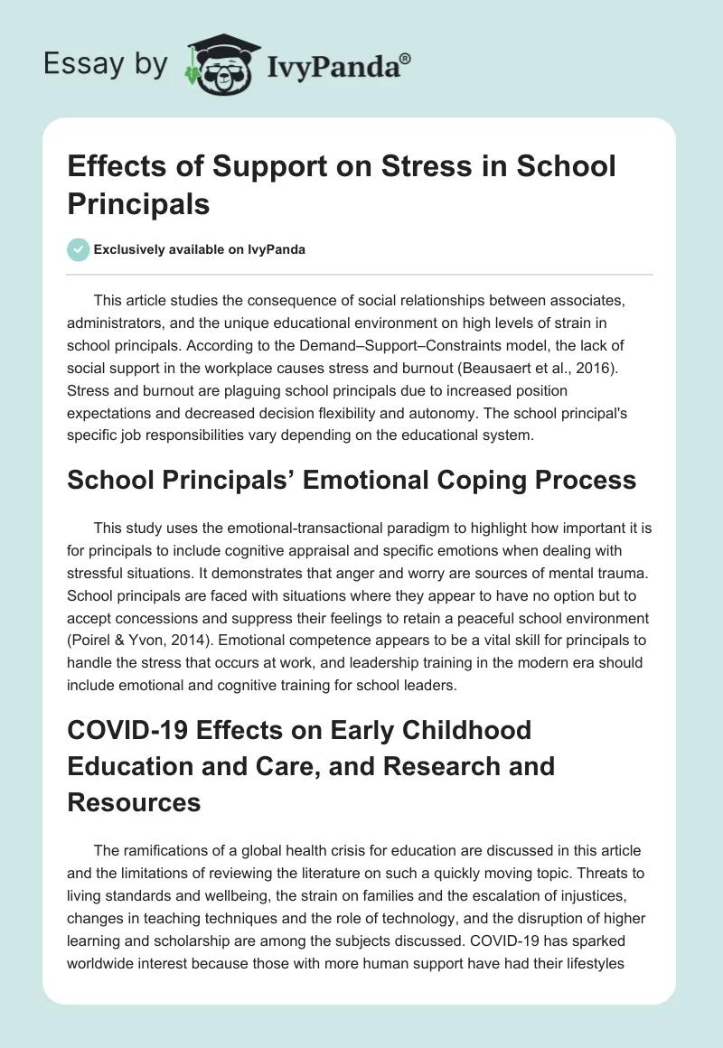 Effects of Support on Stress in School Principals. Page 1