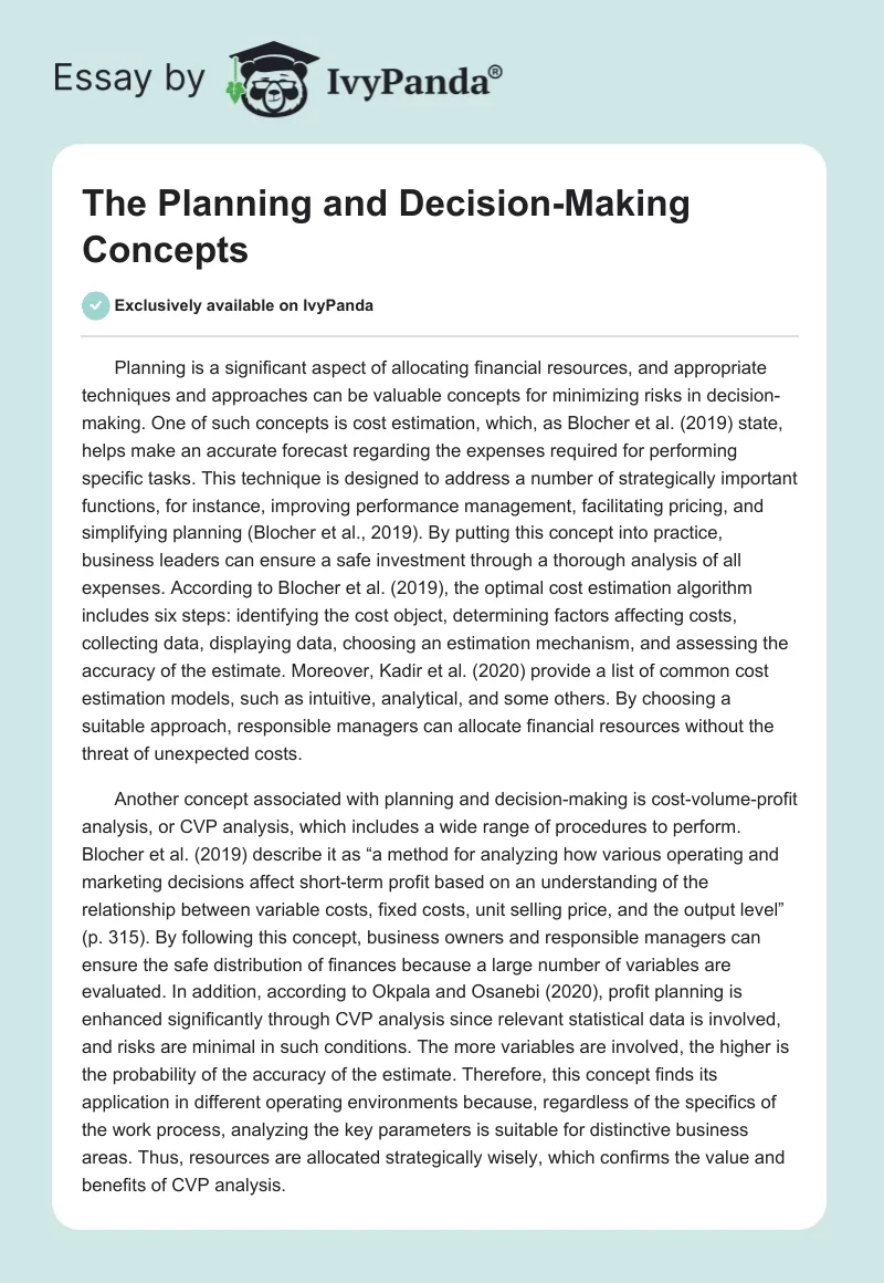 The Planning and Decision-Making Concepts. Page 1