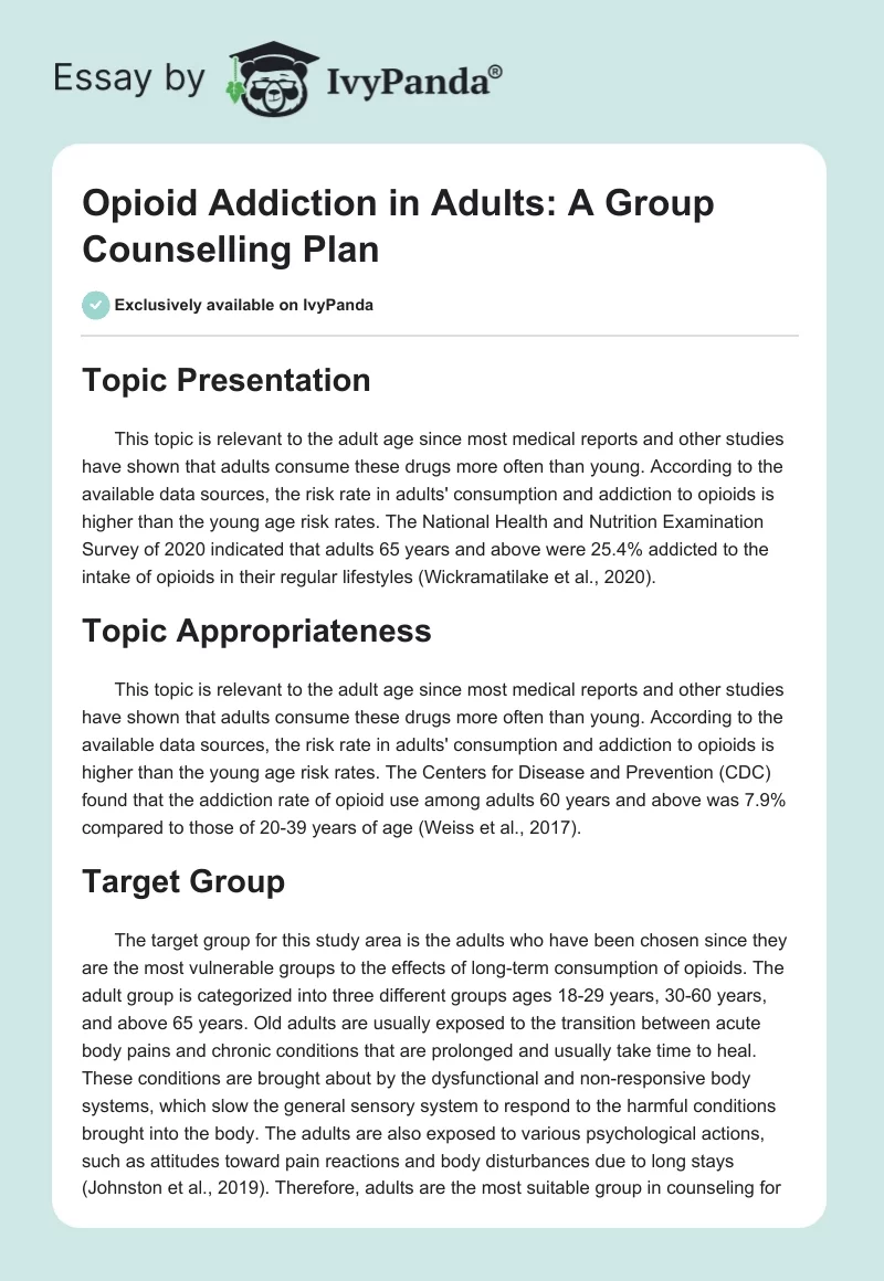 Opioid Addiction in Adults: A Group Counselling Plan. Page 1