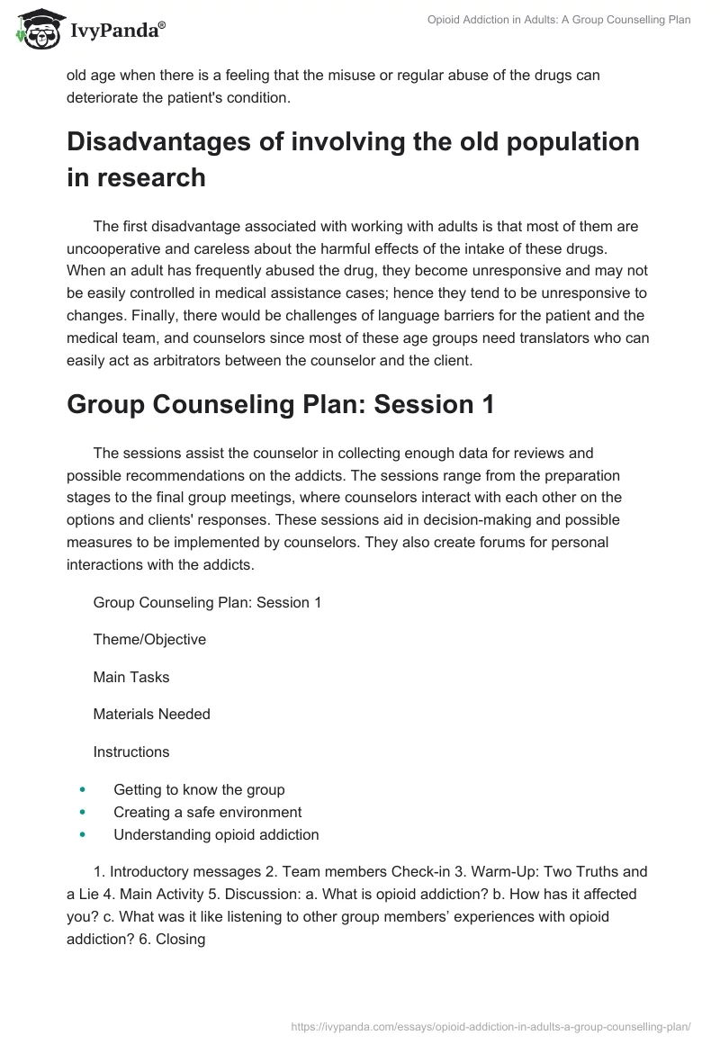 Opioid Addiction in Adults: A Group Counselling Plan. Page 4