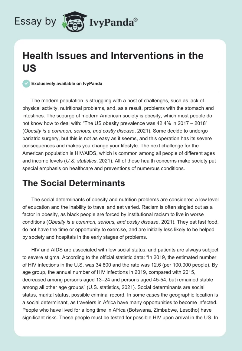 Health Issues and Interventions in the US. Page 1