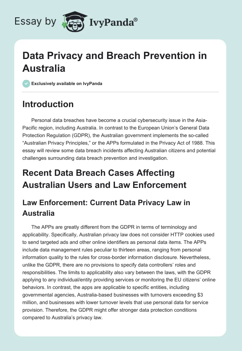 Data Privacy and Breach Prevention in Australia. Page 1