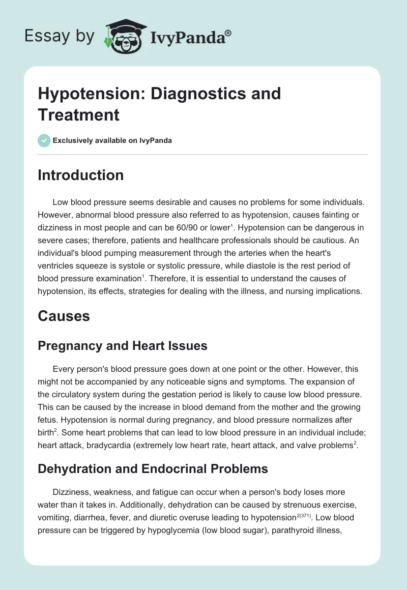 Hypotension: Diagnostics and Treatment. Page 1
