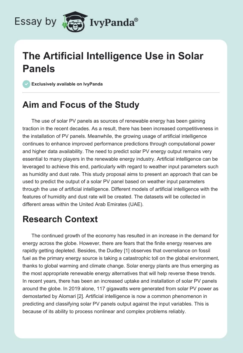 The Artificial Intelligence Use in Solar Panels. Page 1
