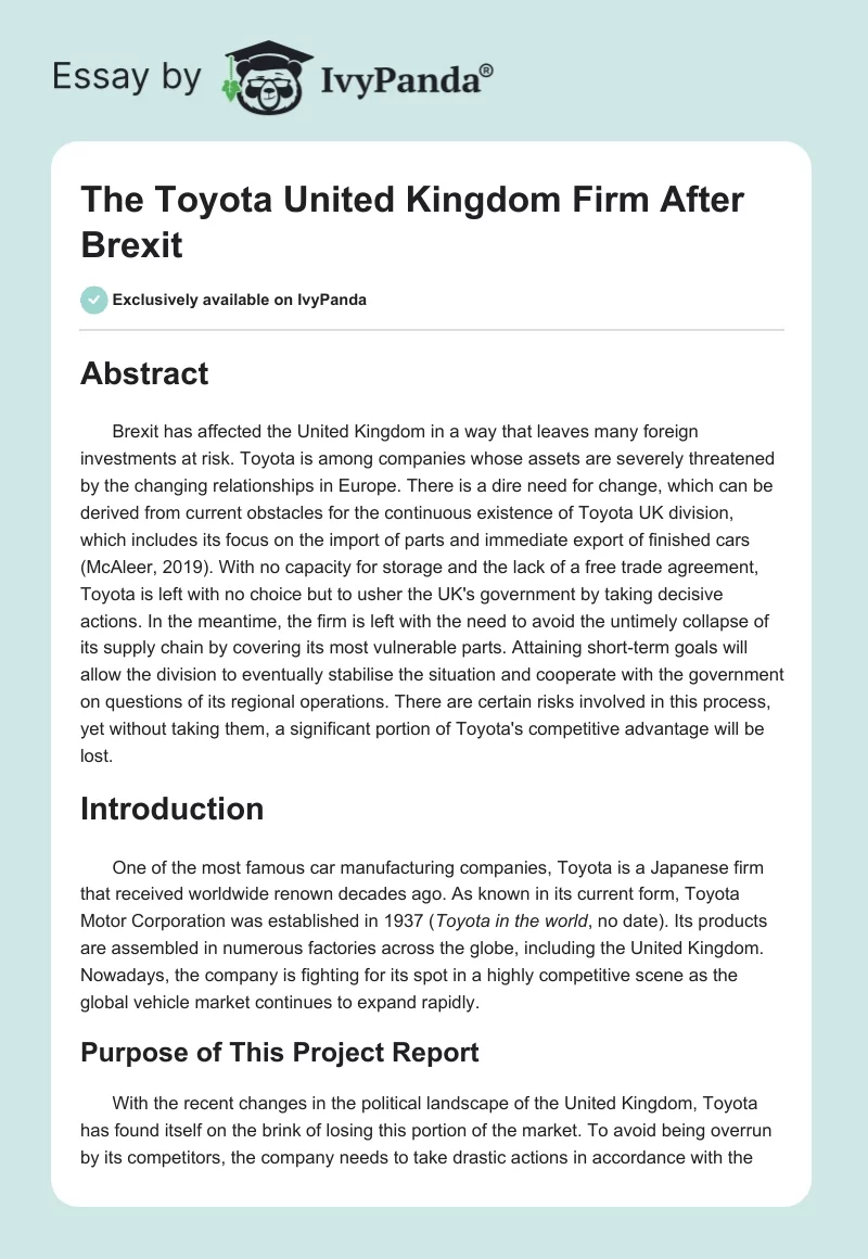 The Toyota United Kingdom Firm After Brexit. Page 1