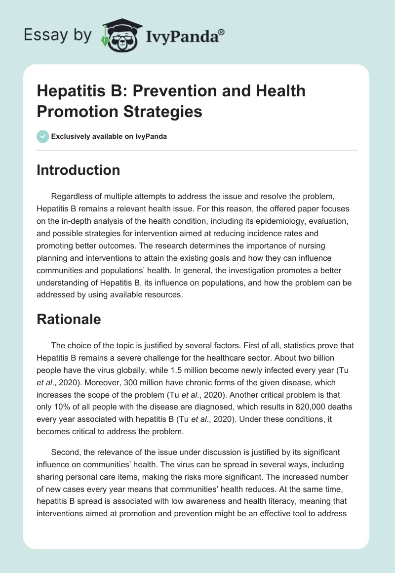 Hepatitis B: Prevention and Health Promotion Strategies. Page 1