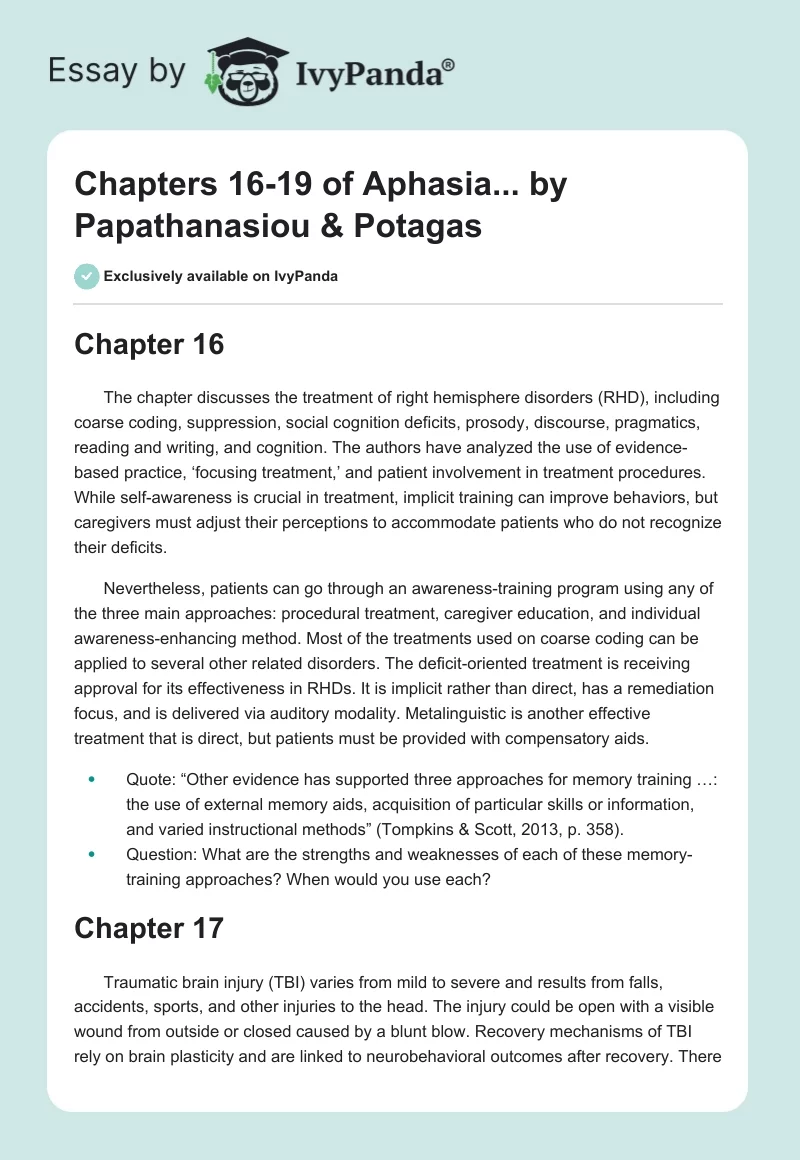 Chapters 16-19 of "Aphasia..." by Papathanasiou & Potagas. Page 1