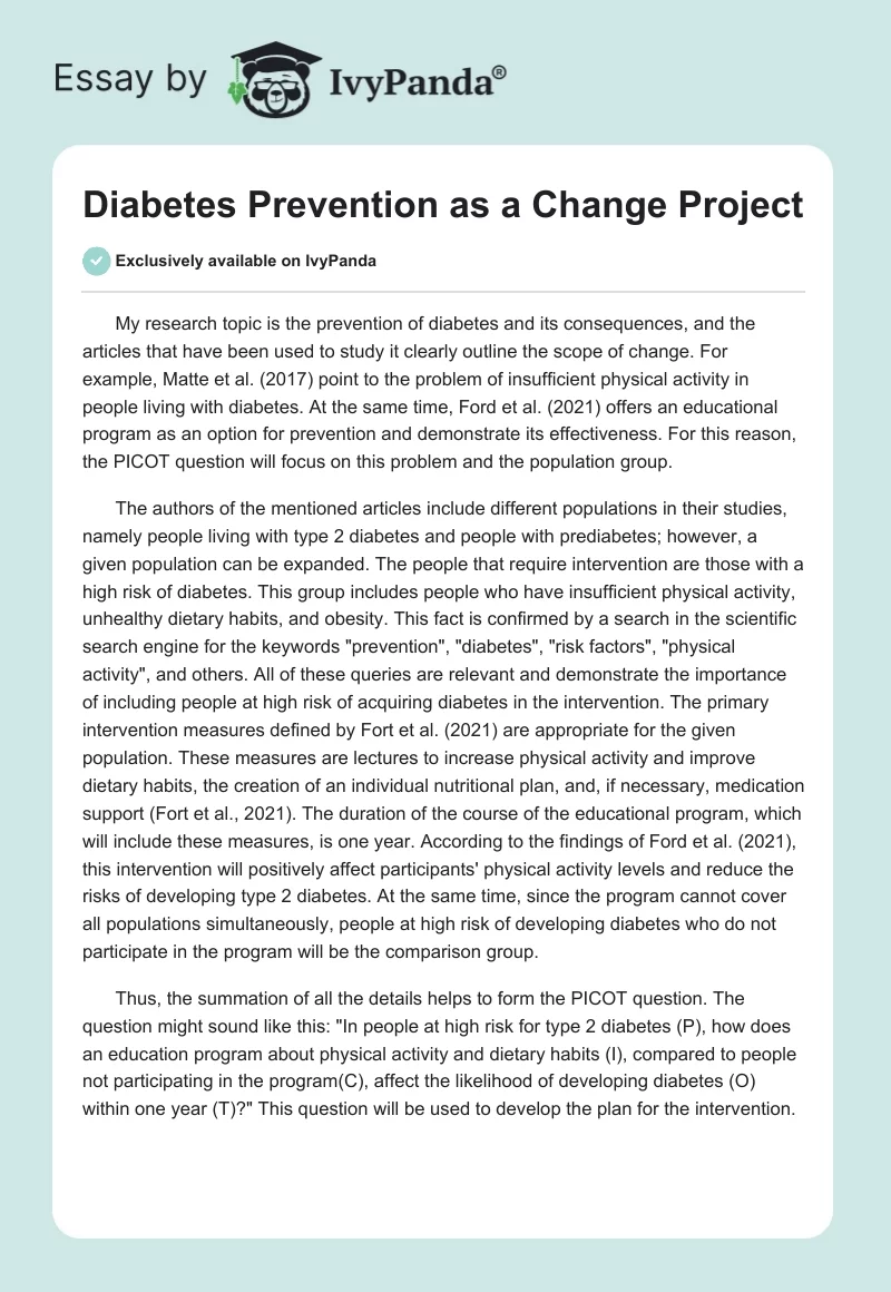 Diabetes Prevention as a Change Project. Page 1