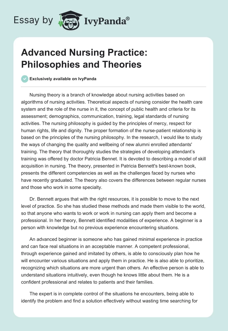 Advanced Nursing Practice: Philosophies and Theories. Page 1