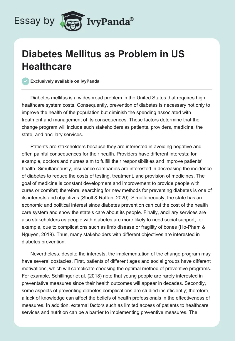 Diabetes Mellitus as Problem in US Healthcare. Page 1