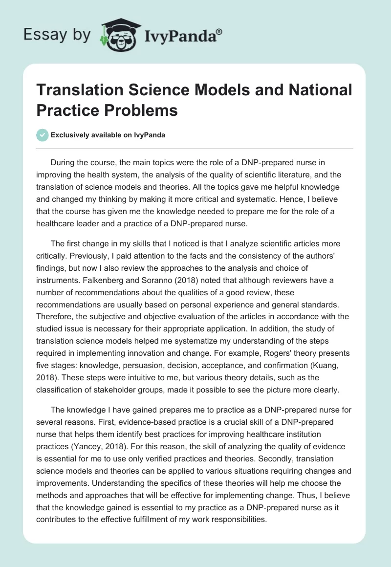 Translation Science Models and National Practice Problems. Page 1