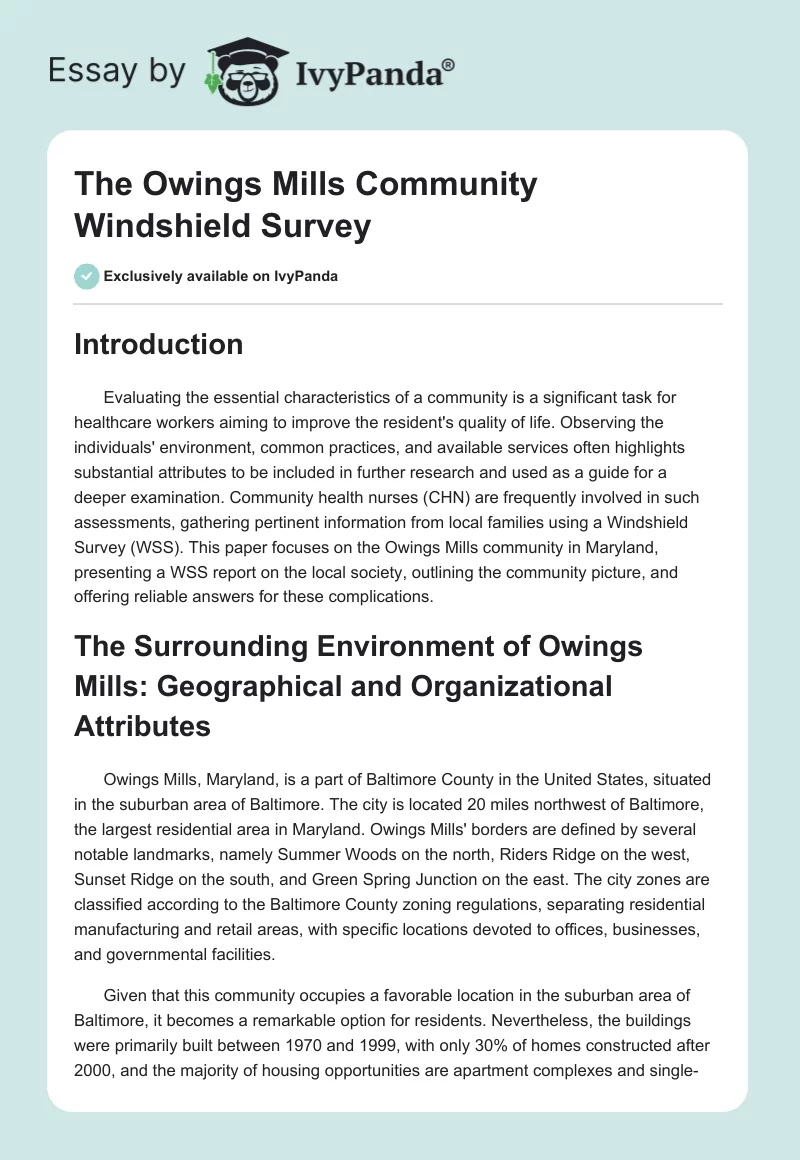 The Owings Mills Community Windshield Survey. Page 1