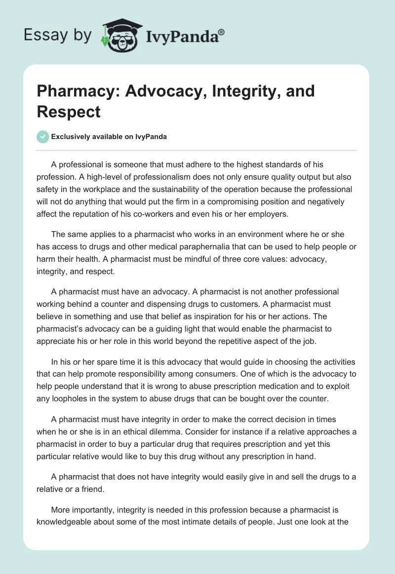 Pharmacy: Advocacy, Integrity, and Respect. Page 1