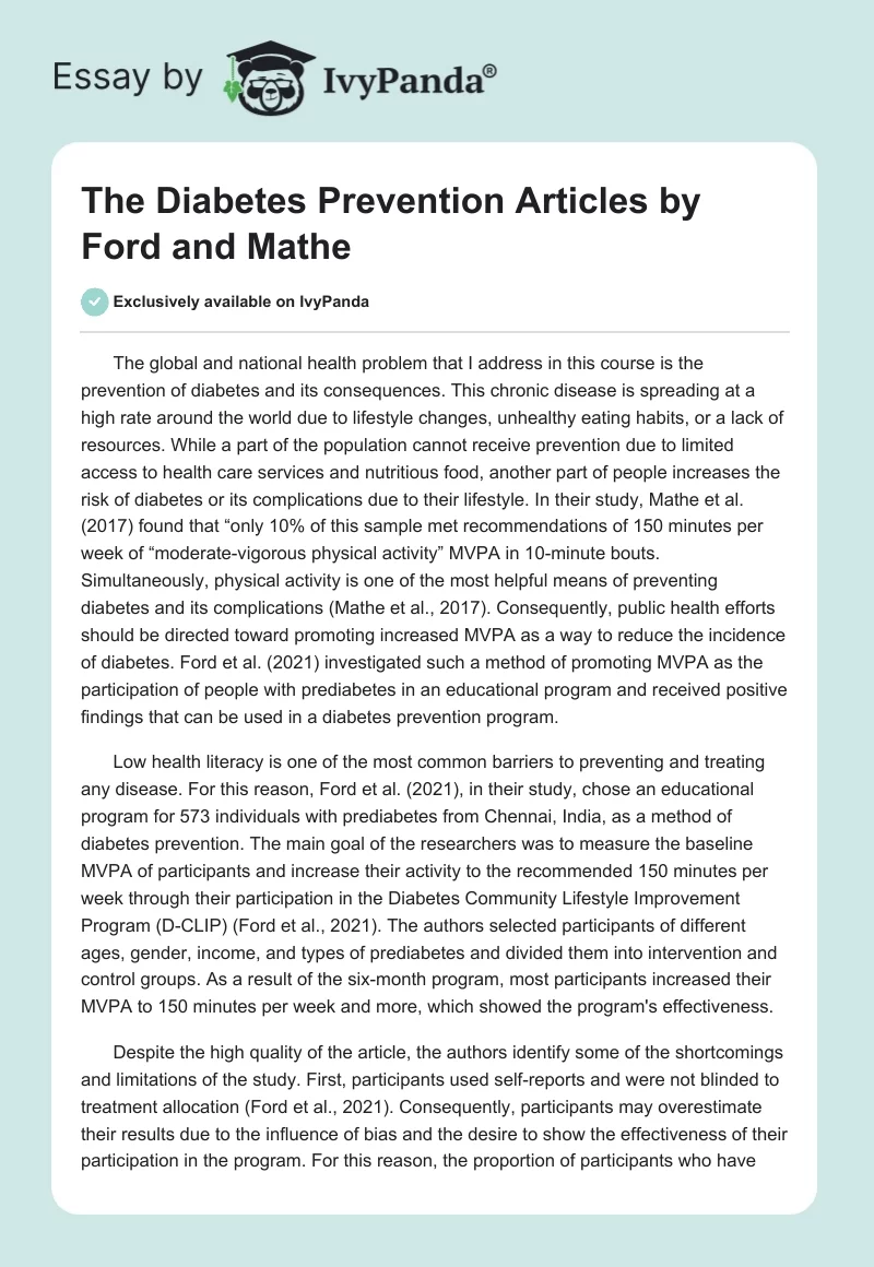 The Diabetes Prevention Articles by Ford and Mathe. Page 1