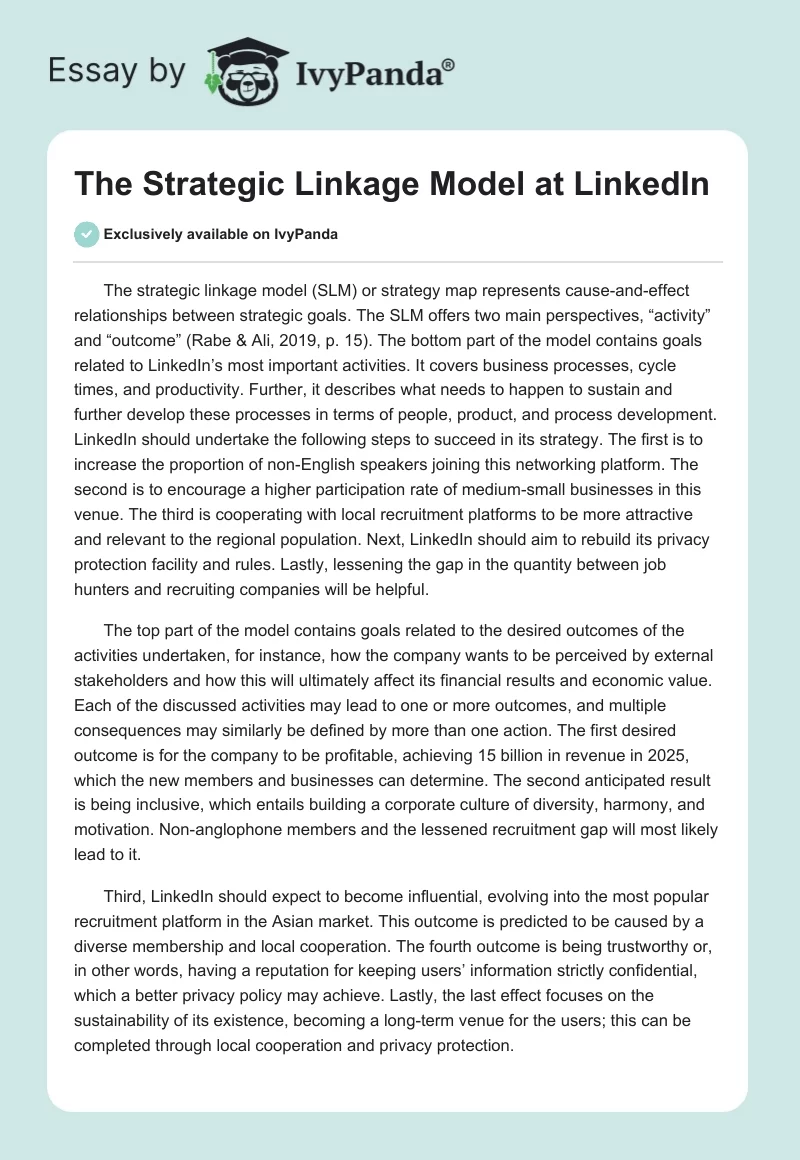 The Strategic Linkage Model at LinkedIn. Page 1