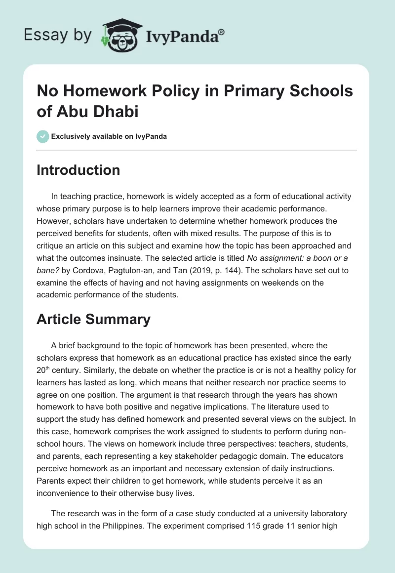 No Homework Policy in Primary Schools of Abu Dhabi. Page 1