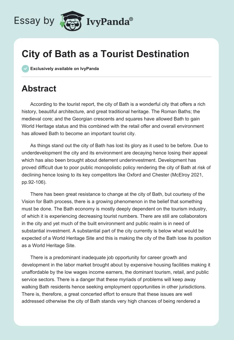 City of Bath as a Tourist Destination. Page 1