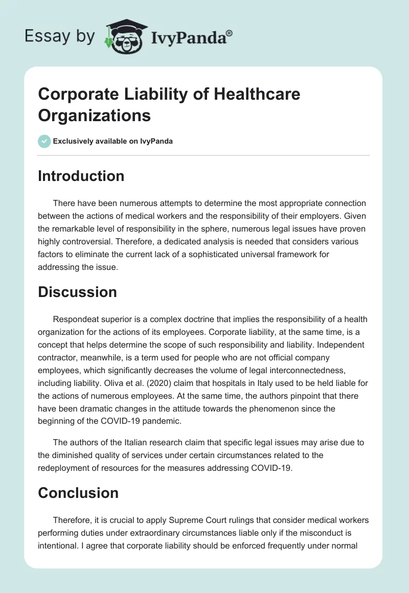 Corporate Liability of Healthcare Organizations. Page 1