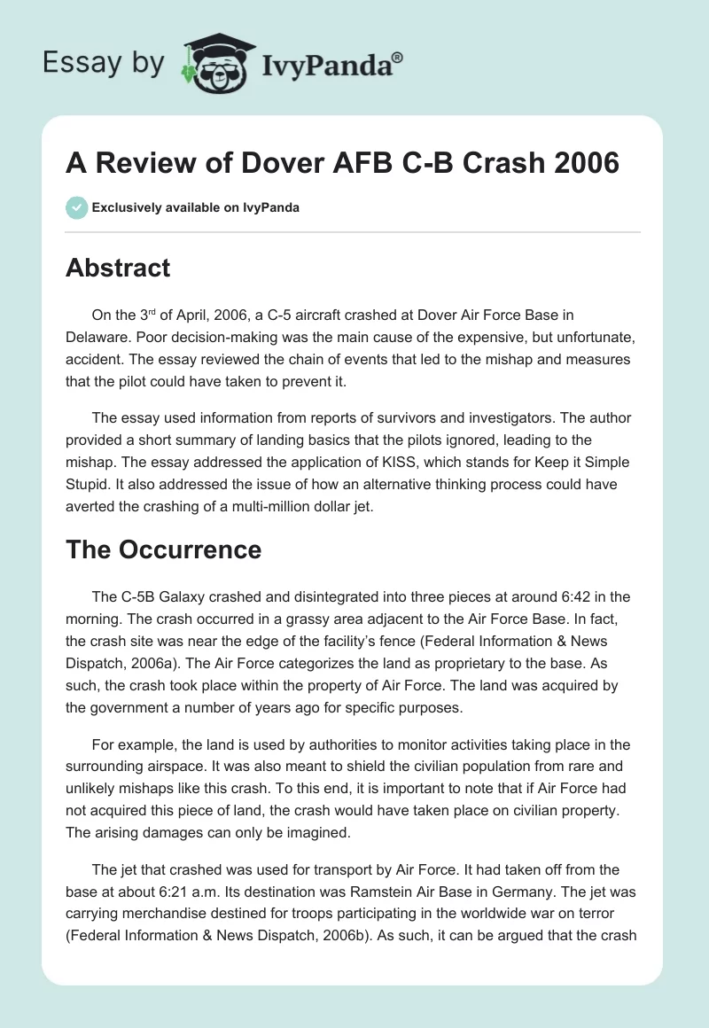 A Review of Dover AFB C-B Crash 2006. Page 1