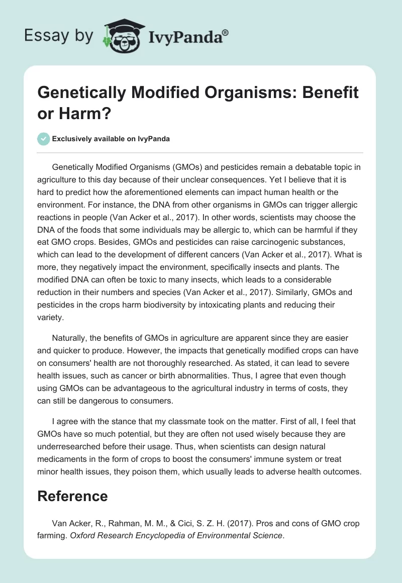 Genetically Modified Organisms: Benefit or Harm?. Page 1