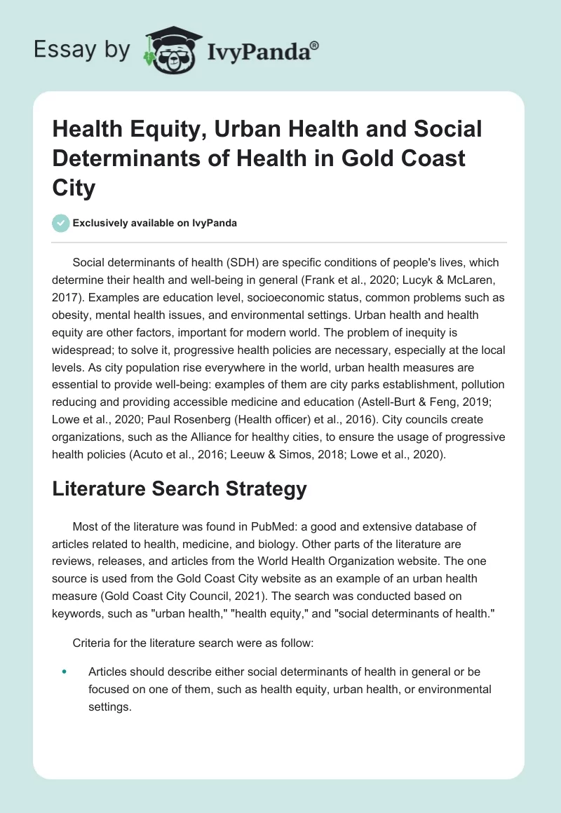 Health Equity, Urban Health, and Social Determinants of Health in Gold Coast City. Page 1