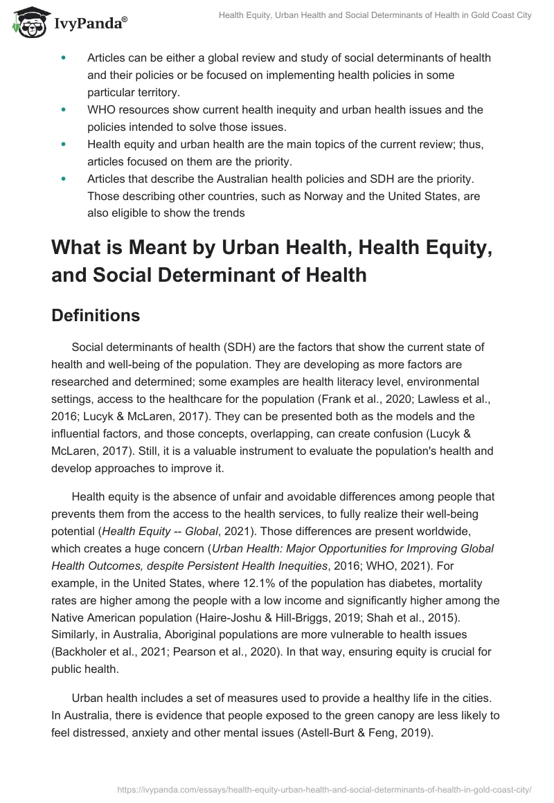 Health Equity, Urban Health, and Social Determinants of Health in Gold Coast City. Page 2