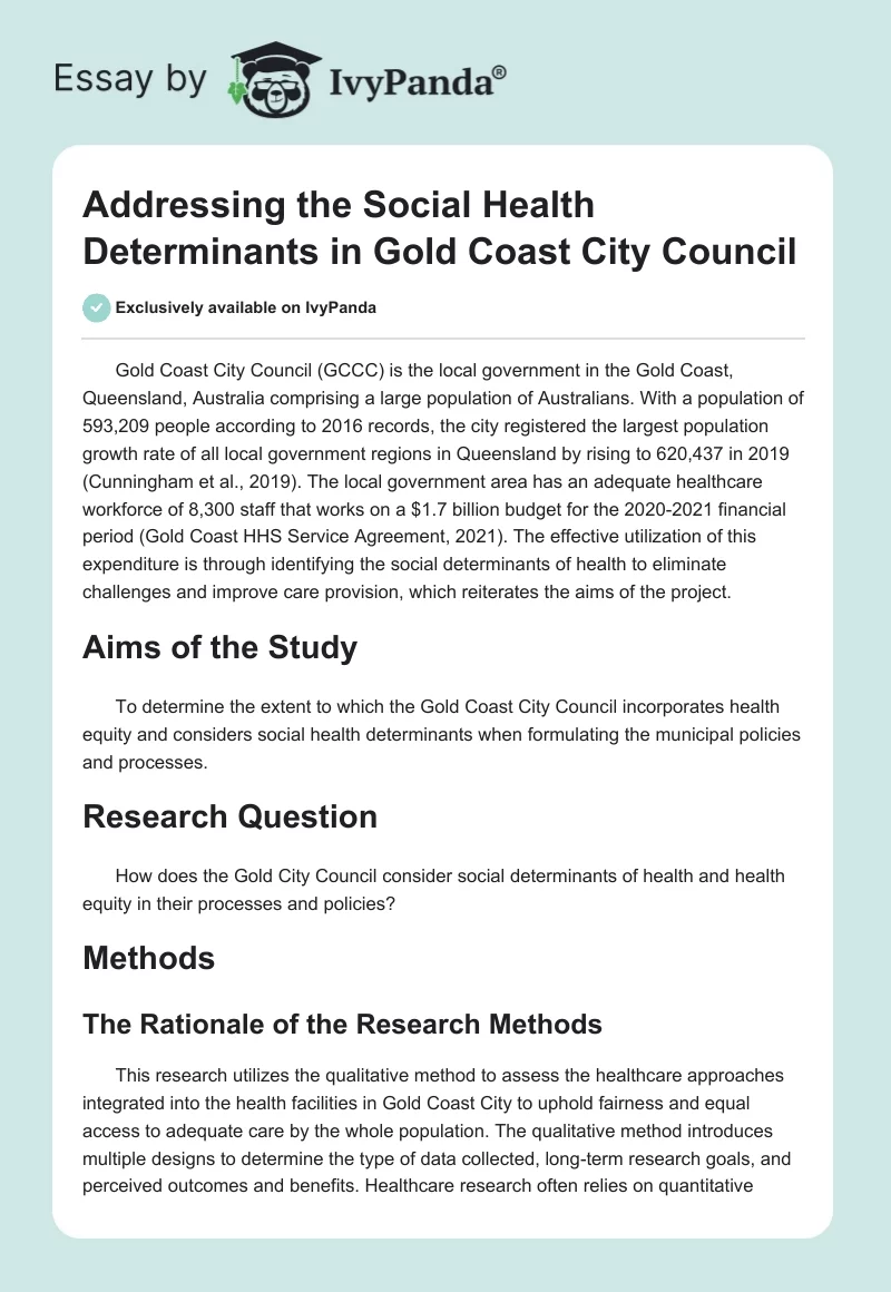 Addressing the Social Health Determinants in Gold Coast City Council. Page 1