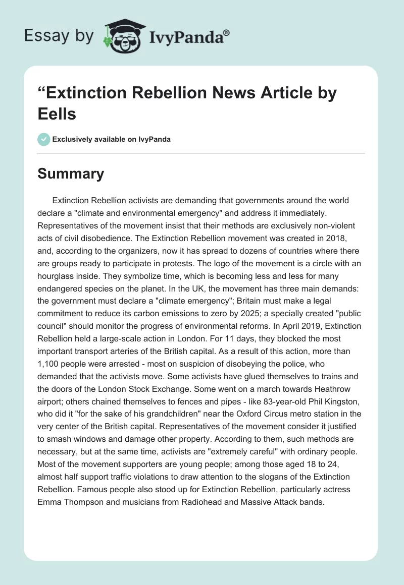 “Extinction Rebellion" News Article by Eells. Page 1