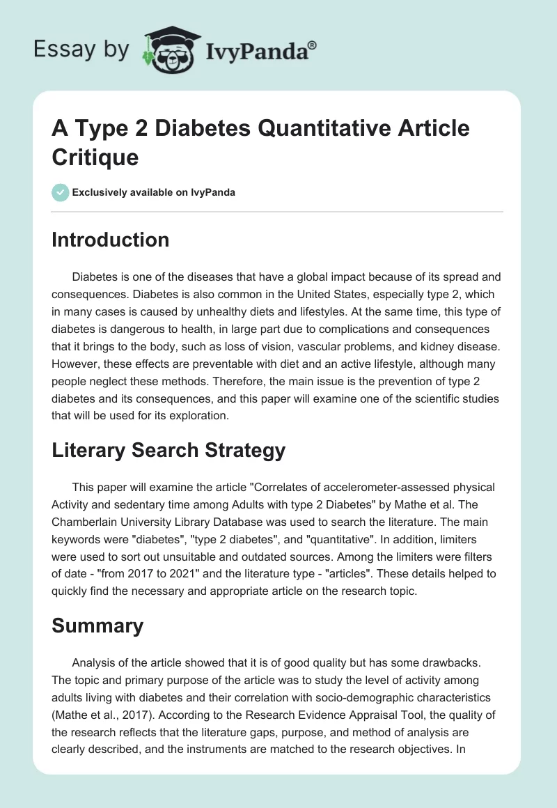 A Type 2 Diabetes Quantitative Article Critique. Page 1