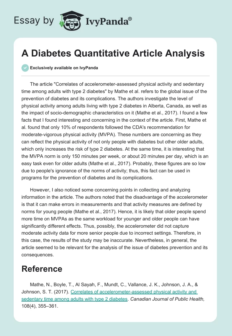 A Diabetes Quantitative Article Analysis. Page 1