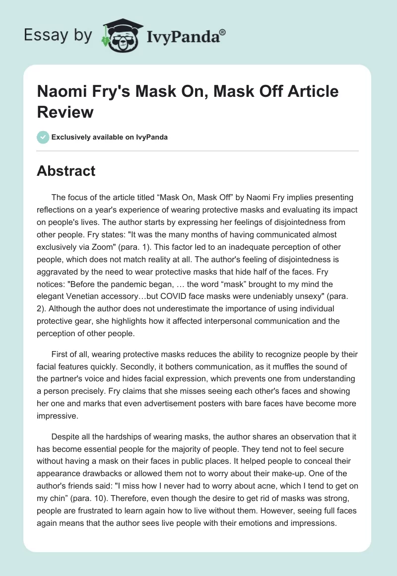 Naomi Fry's Mask On, Mask Off Article Review. Page 1