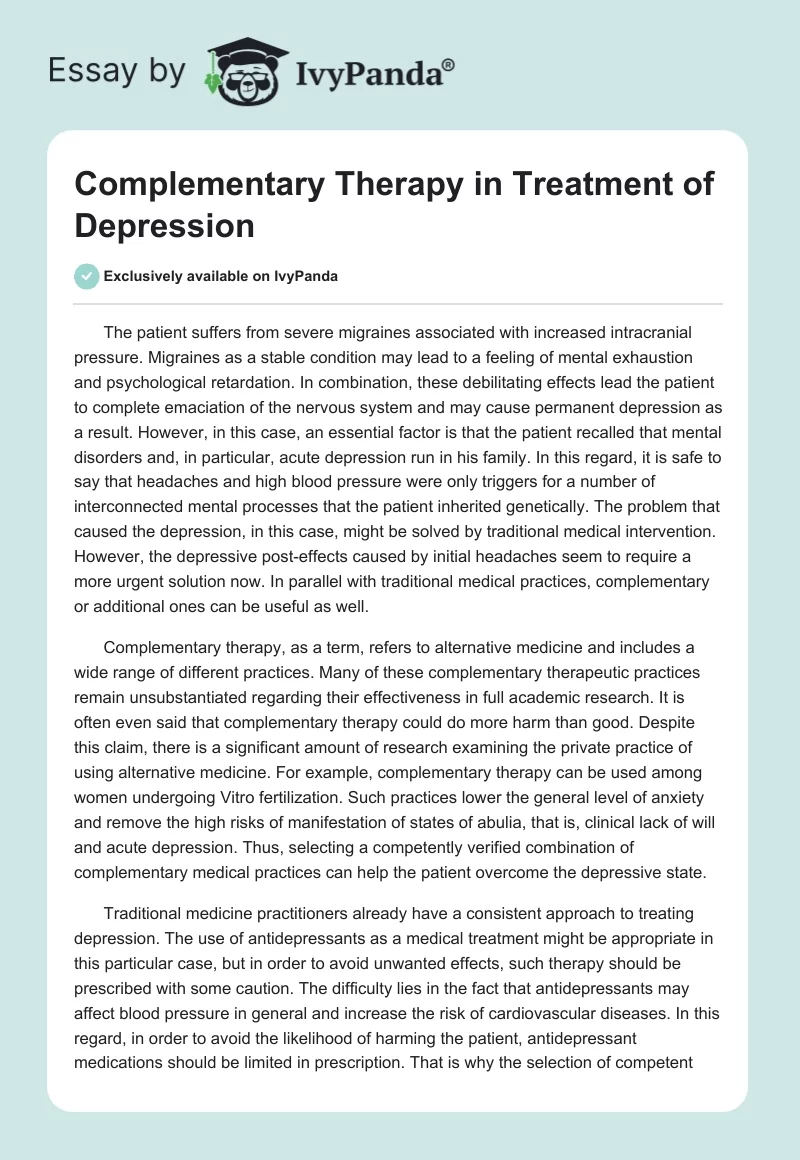 Complementary Therapy in Treatment of Depression. Page 1