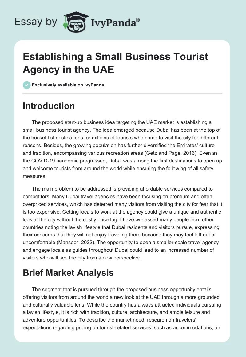 Establishing a Small Business Tourist Agency in the UAE. Page 1