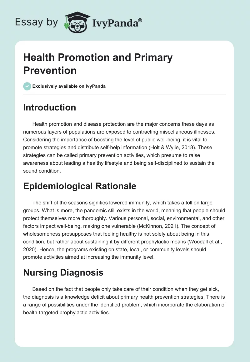 Health Promotion and Primary Prevention. Page 1