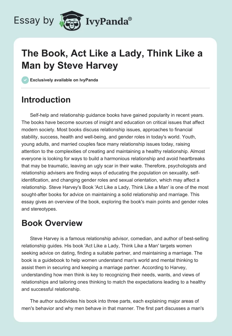 The Book, "Act Like a Lady, Think Like a Man" by Steve Harvey. Page 1