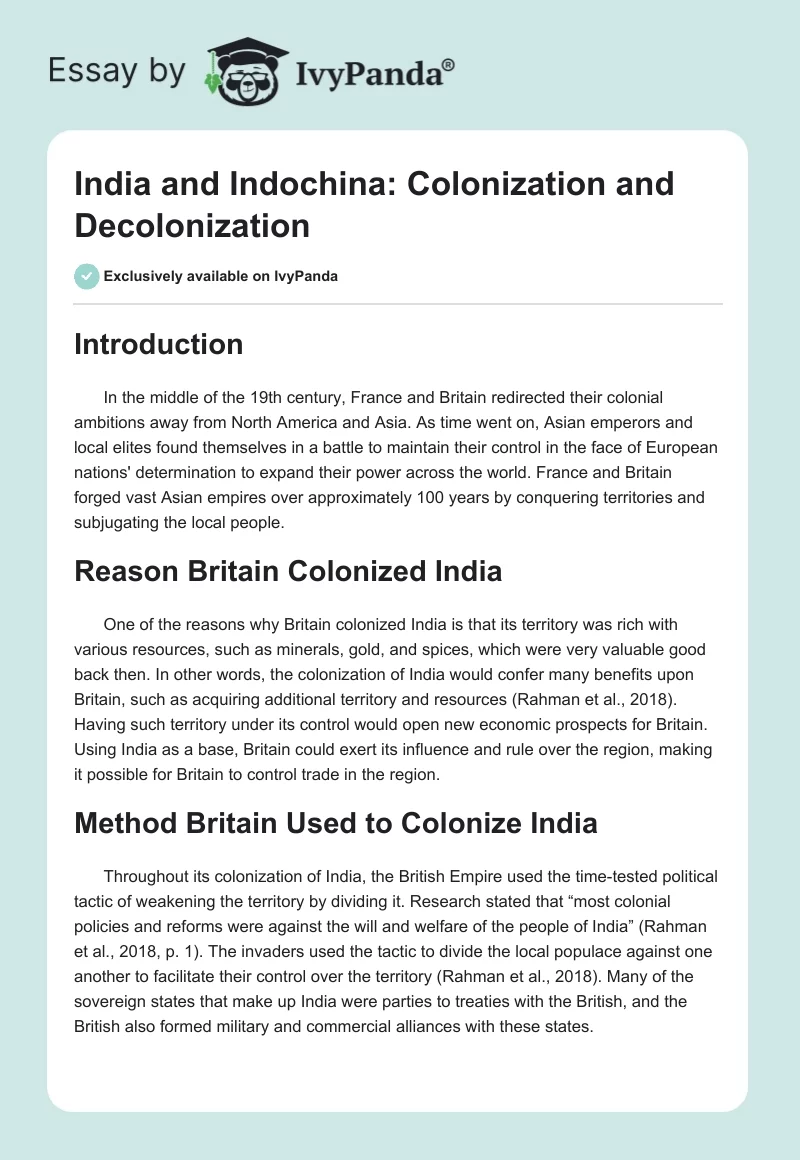 India and Indochina: Colonization and Decolonization. Page 1