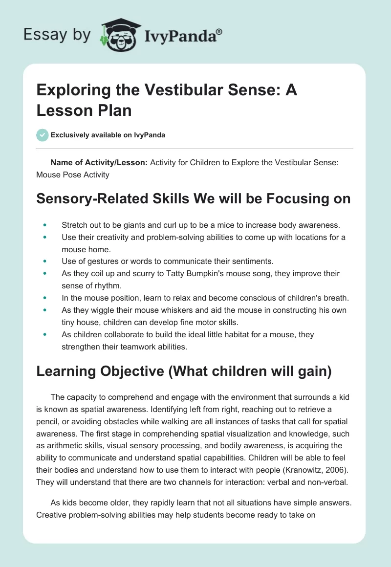 Exploring the Vestibular Sense: A Lesson Plan. Page 1